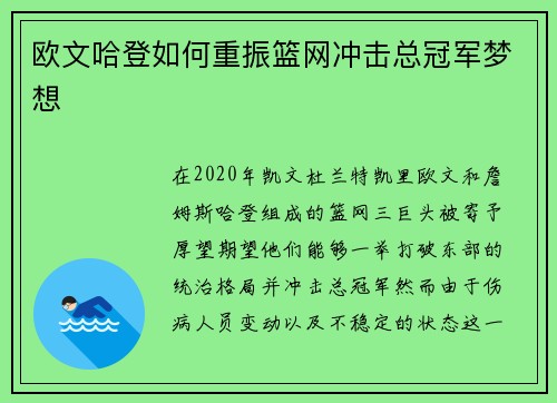 欧文哈登如何重振篮网冲击总冠军梦想