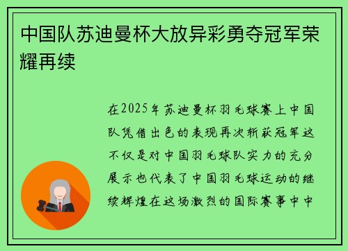 中国队苏迪曼杯大放异彩勇夺冠军荣耀再续